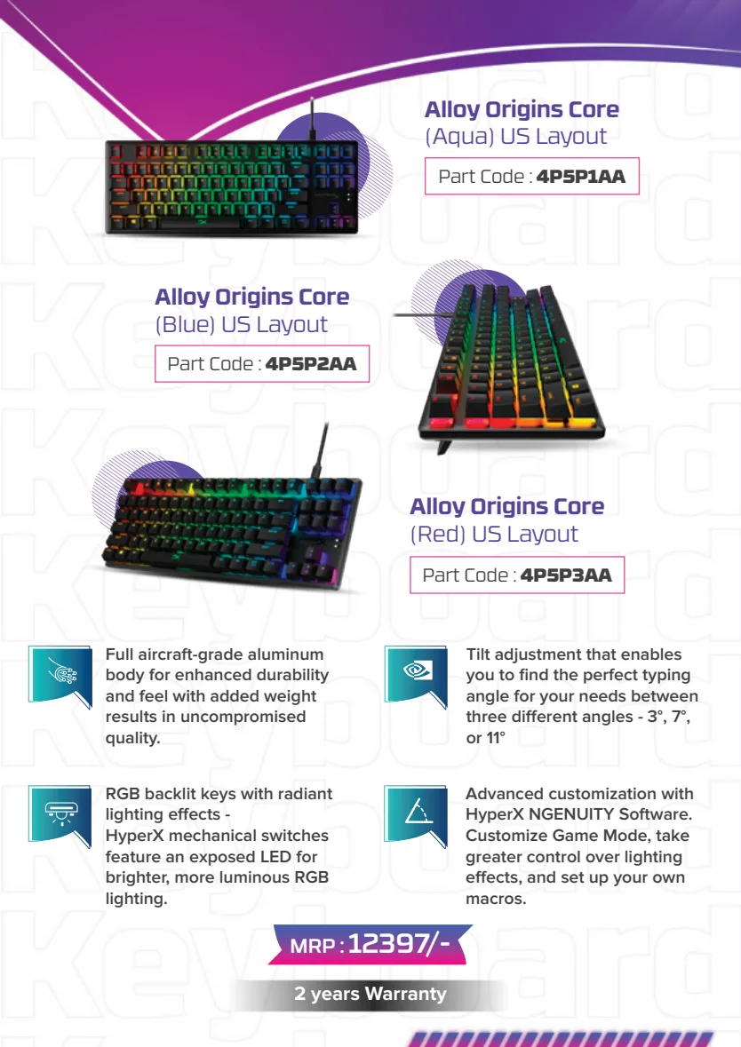 HyperX Alloy Origins Core US Layout Keyboard — Aqua switch