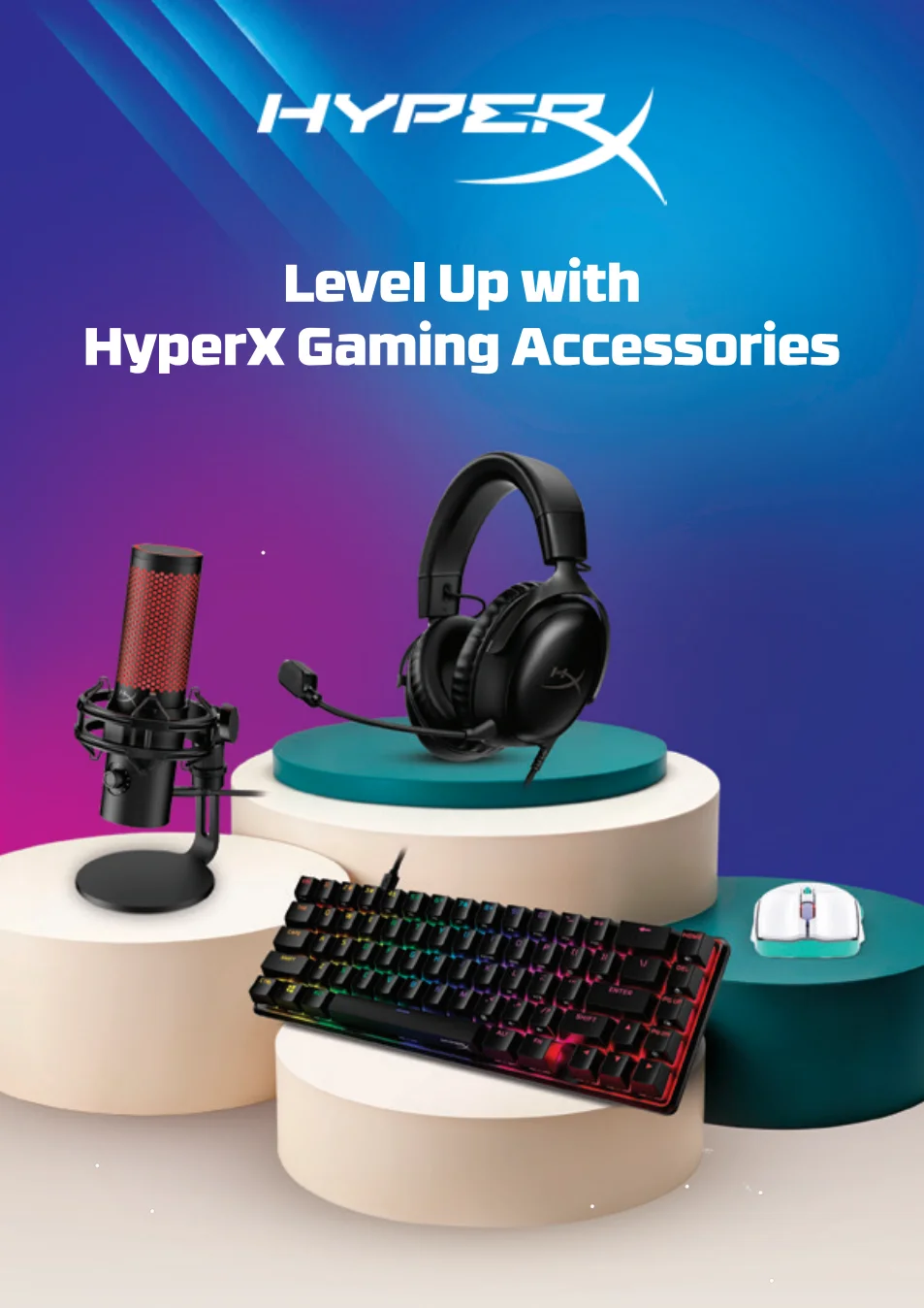 HyperX gaming accessories: headset, microphone, mouse and keyboard